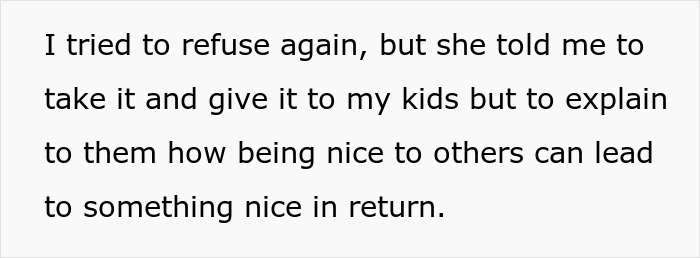 Text saying refusal, offering to kids, teaching kindness in return, related to elderly woman and seat switch for $100. Text saying refusal, offering to kids, teaching kindness in return, related to elderly woman and seat switch for $100.