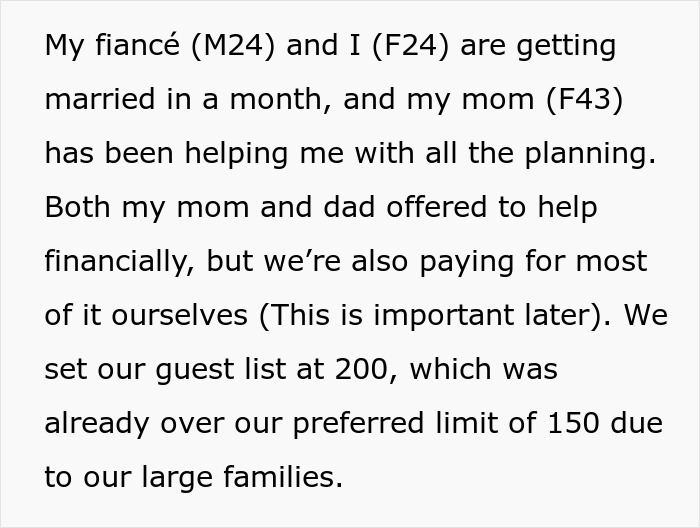 Dad chooses wife over daughter in wedding planning conflict, guest list set at 200, exceeding preferred limit of 150. Dad chooses wife over daughter in wedding planning conflict, guest list set at 200, exceeding preferred limit of 150.