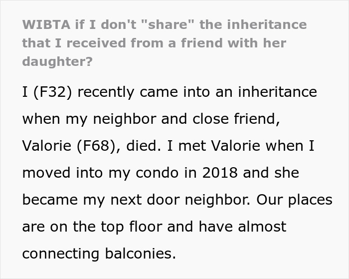Text discussing dilemma over sharing inheritance received from a friend. Text discussing dilemma over sharing inheritance received from a friend.