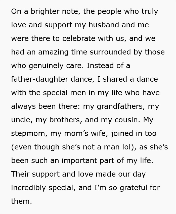 Text about a wedding with family support, father-daughter dynamic, and stepmom's involvement. Text about a wedding with family support, father-daughter dynamic, and stepmom's involvement.