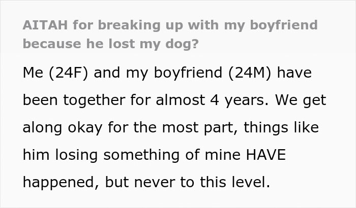 Text screenshot discussing a woman's relationship issue after her boyfriend lost her dog. Text screenshot discussing a woman's relationship issue after her boyfriend lost her dog.