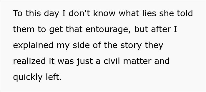 Text from a story about revenge and a lesson learned, describing a resolved civil matter. Text from a story about revenge and a lesson learned, describing a resolved civil matter.