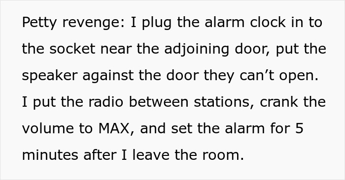 Text about hotel room neighbors getting a wake-up call for partying too hard. Text about hotel room neighbors getting a wake-up call for partying too hard.