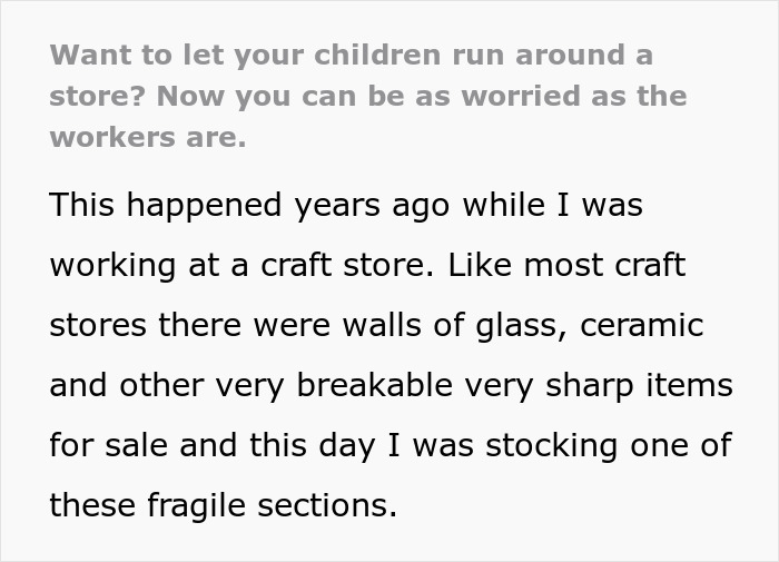 Text about kids in stores and potential hazards with fragile items like glass. Text about kids in stores and potential hazards with fragile items like glass.