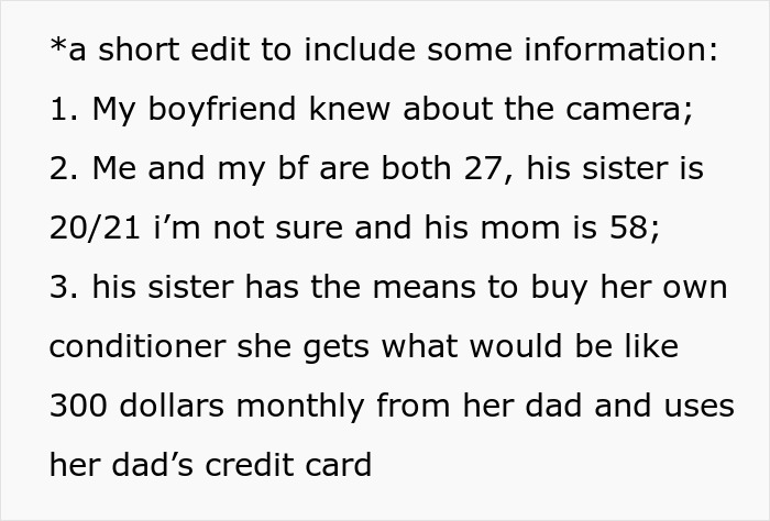 Text details about a woman’s boyfriend, his sister, and family finances. Text details about a woman’s boyfriend, his sister, and family finances.