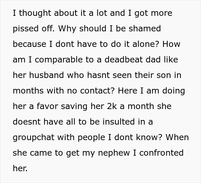 Text message expressing frustration about being compared to a deadbeat mom, while providing babysitting help for sister. Text message expressing frustration about being compared to a deadbeat mom, while providing babysitting help for sister.