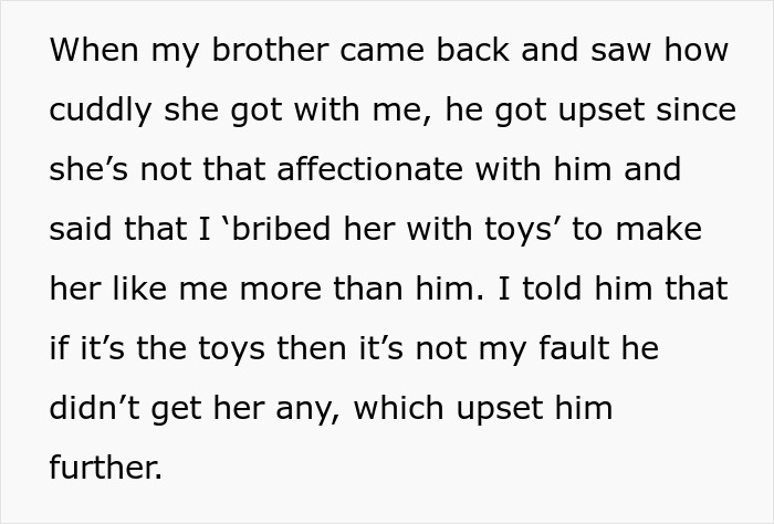 Text detailing a man upset about his parrot preferring his sibling due to toys and affection strategies. Text detailing a man upset about his parrot preferring his sibling due to toys and affection strategies.