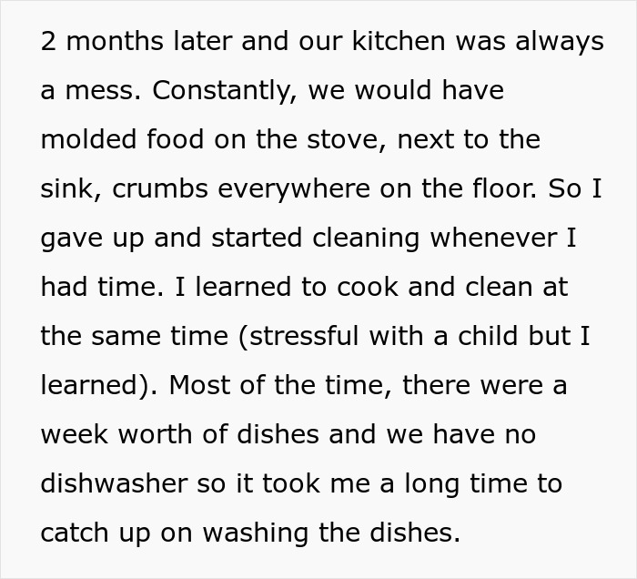 Text discussing a neglected kitchen mess due to chores, leading to frustrations in a relationship. Text discussing a neglected kitchen mess due to chores, leading to frustrations in a relationship.