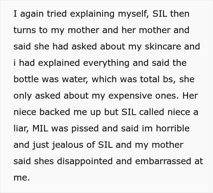 Text discussing expensive skincare conflict with SIL, family reactions highlighted. Text discussing expensive skincare conflict with SIL, family reactions highlighted.