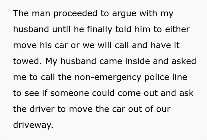 Text discussing a man arguing, refusing to remove his car, and police being called to move a vehicle from a driveway. Text discussing a man arguing, refusing to remove his car, and police being called to move a vehicle from a driveway.
