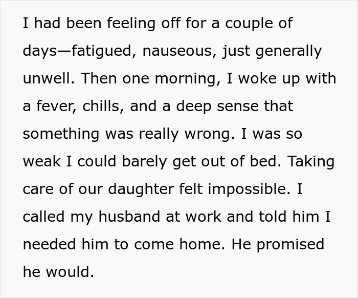 Text excerpt discussing a wife's illness and urgent call to husband. Text excerpt discussing a wife's illness and urgent call to husband.
