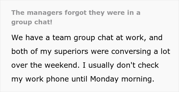 Text image about managers forgetting they're in a group chat, discussing weekend messages unnoticed until Monday. Text image about managers forgetting they're in a group chat, discussing weekend messages unnoticed until Monday.
