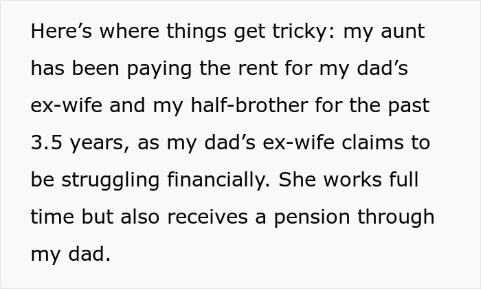 Text about financial struggles of dad’s ex-wife and son, with aunt paying rent for 3.5 years despite ex-wife's pension. Text about financial struggles of dad’s ex-wife and son, with aunt paying rent for 3.5 years despite ex-wife's pension.