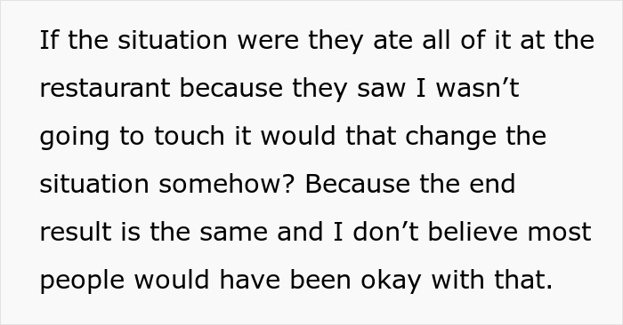 Text image discussing a situation about a meal at a restaurant and friends taking food home. Text image discussing a situation about a meal at a restaurant and friends taking food home.