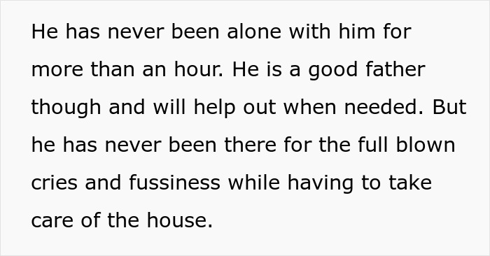 Text discussing a father's limited solo time with infant, highlighting challenges in balancing childcare and household duties. Text discussing a father's limited solo time with infant, highlighting challenges in balancing childcare and household duties.