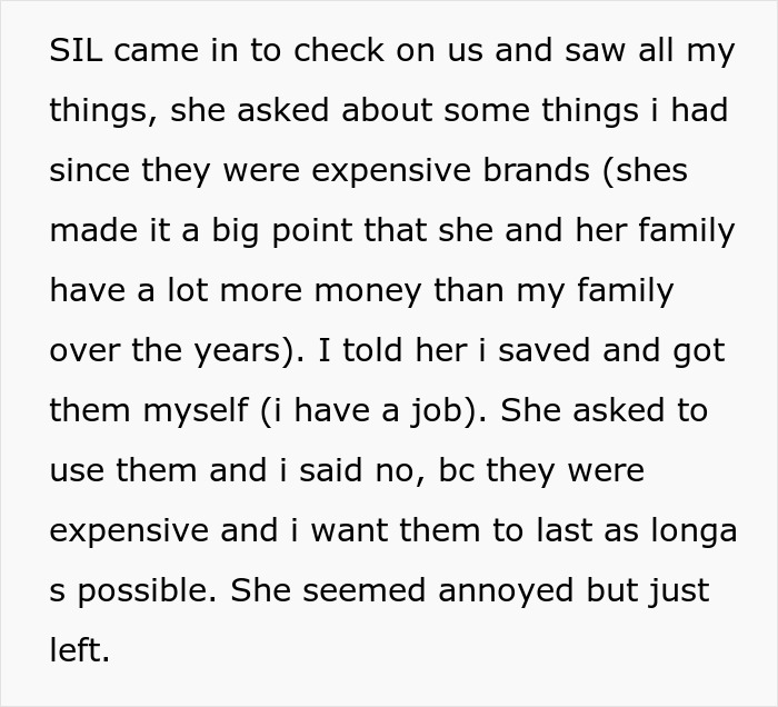 Text about a teen refusing permission to SIL to use expensive skincare products. Text about a teen refusing permission to SIL to use expensive skincare products.