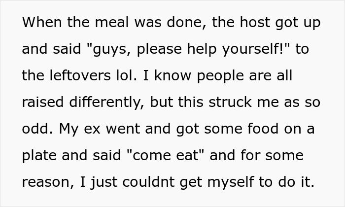 Text discussing guests being invited to eat only the leftovers after a meal. Text discussing guests being invited to eat only the leftovers after a meal.