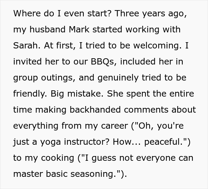 Text about a woman feeling like an outsider due to a work relationship. Text about a woman feeling like an outsider due to a work relationship.