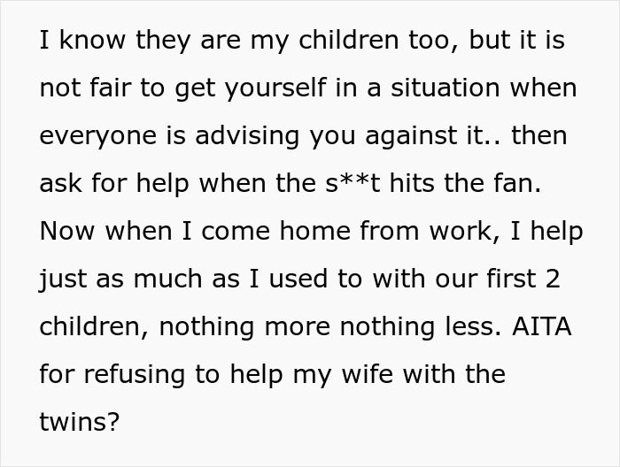 Text excerpt discussing refusal to help wife with twins, mentioning vasectomy disagreement. Text excerpt discussing refusal to help wife with twins, mentioning vasectomy disagreement.