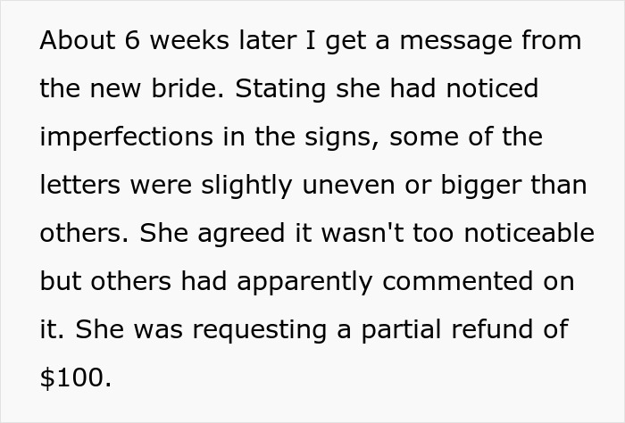 Text on image describing a bride's complaint about sign imperfections and a refund request. Text on image describing a bride's complaint about sign imperfections and a refund request.