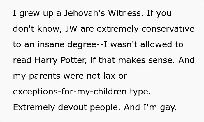 Text from a Jehovah's Witness discussing conservative upbringing and coming out as gay. Text from a Jehovah's Witness discussing conservative upbringing and coming out as gay.