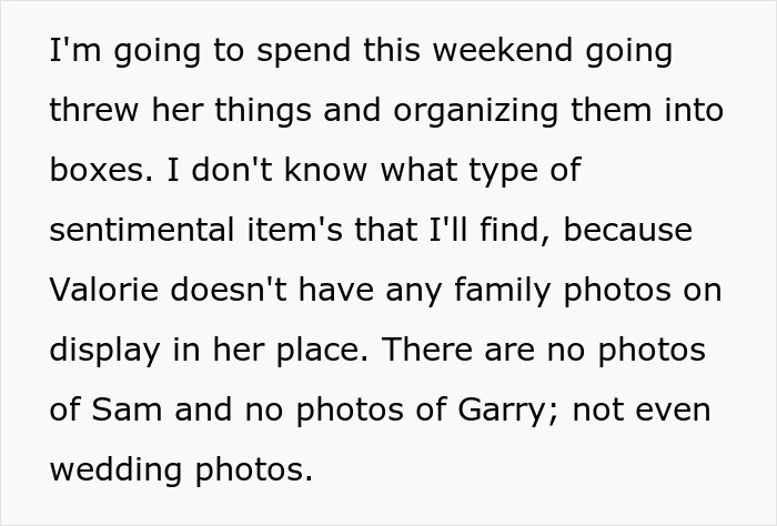 Text discussing organizing a friend's belongings, lacking family photos; related to inheritance sharing considerations. Text discussing organizing a friend's belongings, lacking family photos; related to inheritance sharing considerations.