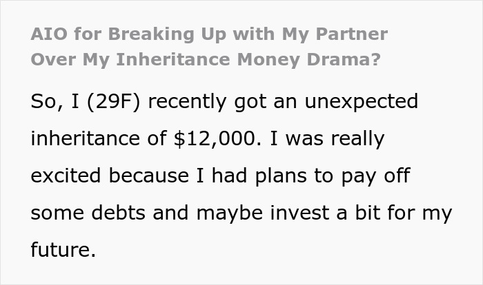 Text discussing woman's sudden inheritance and relationship issues. Text discussing woman's sudden inheritance and relationship issues.