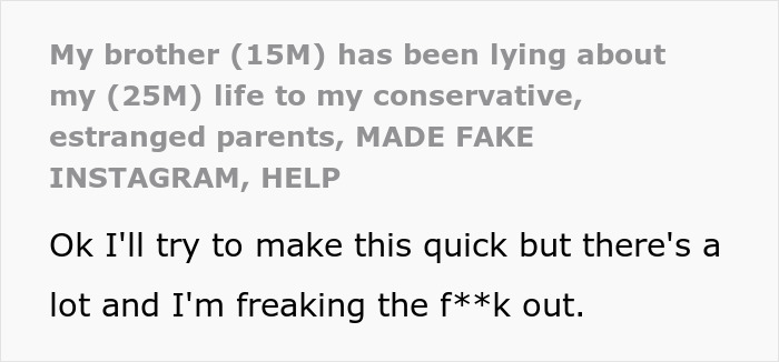 Text about teen using fake Instagram to address family issues regarding brother's life. Text about teen using fake Instagram to address family issues regarding brother's life.