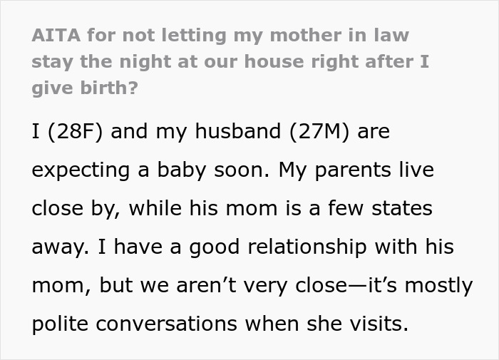 Text about MIL not allowed to sleep over after DIL gives birth, mentioning family dynamics and distance. Text about MIL not allowed to sleep over after DIL gives birth, mentioning family dynamics and distance.