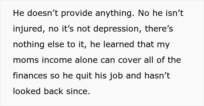 Text about a father quitting his job, relying on mom's income. Text about a father quitting his job, relying on mom's income.
