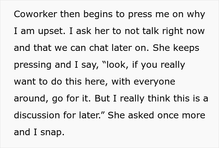 Text describing a workplace confrontation following a coworker's pregnancy announcement. Text describing a workplace confrontation following a coworker's pregnancy announcement.