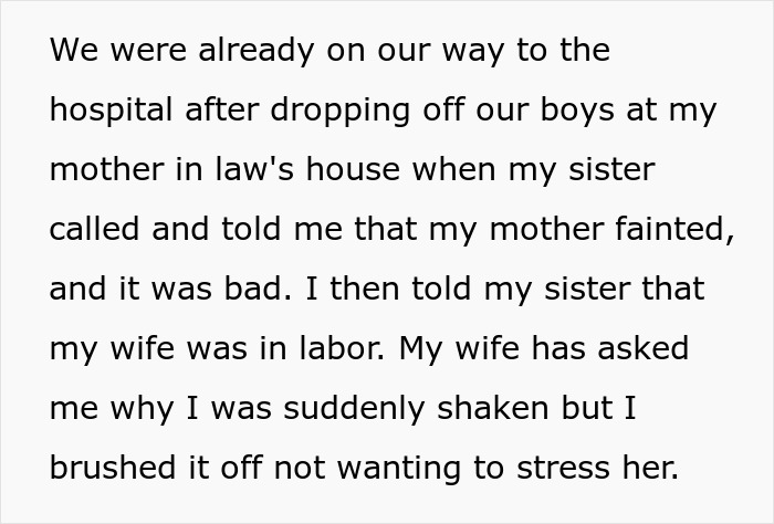 Text description about husband's reaction during wife's labor amid family emergency. Text description about husband's reaction during wife's labor amid family emergency.
