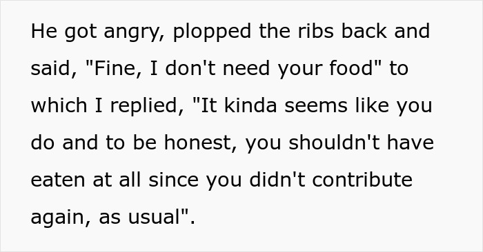Text exchange about a serial moocher's habit of not contributing but eating at gatherings. Text exchange about a serial moocher's habit of not contributing but eating at gatherings.