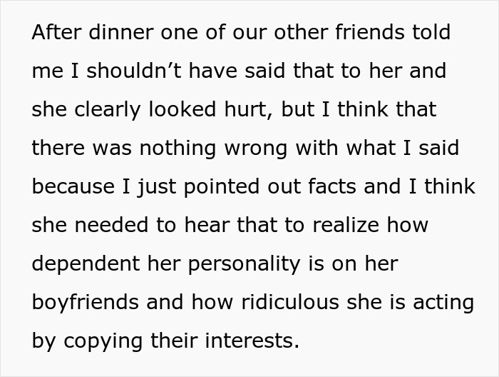 Text recounting advice given to a woman who copies her boyfriends' hobbies. Text recounting advice given to a woman who copies her boyfriends' hobbies.