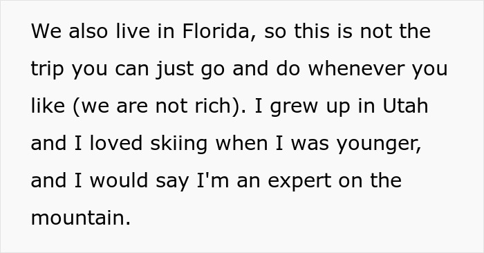 Text describing a person from Florida, discussing skiing expertise from growing up in Utah. Text describing a person from Florida, discussing skiing expertise from growing up in Utah.