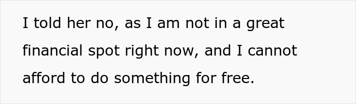 Text screenshot discussing an influencer's demand for a free painting and financial inability to comply. Text screenshot discussing an influencer's demand for a free painting and financial inability to comply.