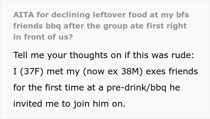 Text about a group of friends eating first at a BBQ, leaving only leftovers for the guests. Text about a group of friends eating first at a BBQ, leaving only leftovers for the guests.