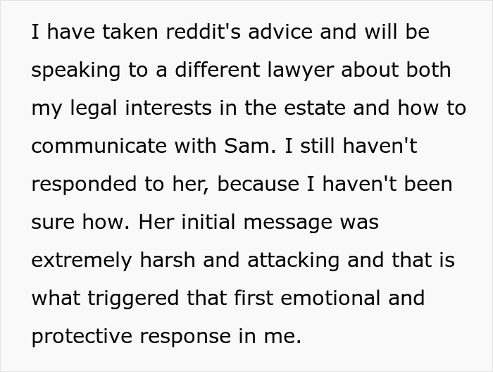 Text discussing advice from Reddit about legal interests in an inheritance estate and communication challenges. Text discussing advice from Reddit about legal interests in an inheritance estate and communication challenges.