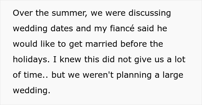 Text discussing couple planning wedding dates and fiancé wishing to marry before holidays; no large wedding planned. Text discussing couple planning wedding dates and fiancé wishing to marry before holidays; no large wedding planned.