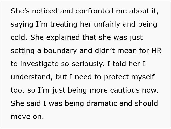Text image discussing a coworker's confrontation about perceived unfair treatment and HR involvement. Text image discussing a coworker's confrontation about perceived unfair treatment and HR involvement.
