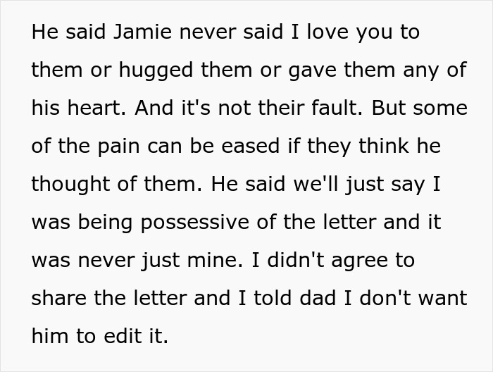 Text describing a teenager’s decision to keep a brother’s final words private from half-siblings. Text describing a teenager’s decision to keep a brother’s final words private from half-siblings.