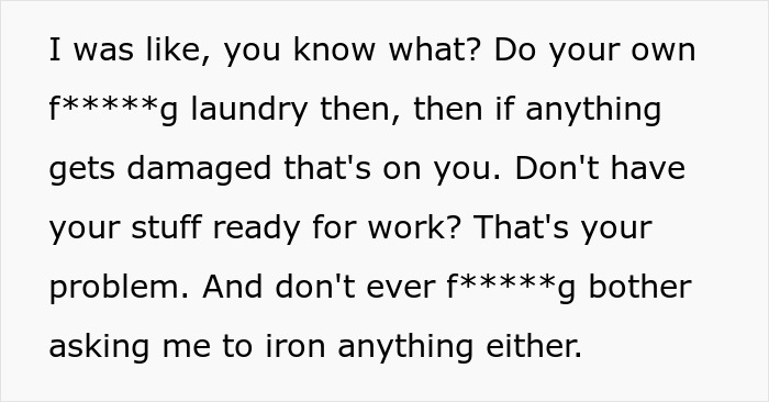 Text from an angry wife addressing her husband's comments on laundry after returning from surgery. Text from an angry wife addressing her husband's comments on laundry after returning from surgery.