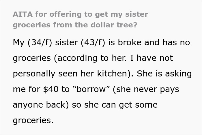 Text discussing an offer to buy groceries for a sister who is struggling financially. Text discussing an offer to buy groceries for a sister who is struggling financially.