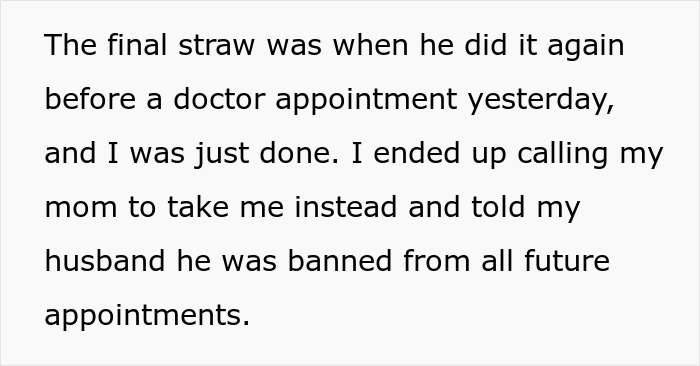 Text expressing frustration over husband's behavior at pregnancy appointment. Text expressing frustration over husband's behavior at pregnancy appointment.