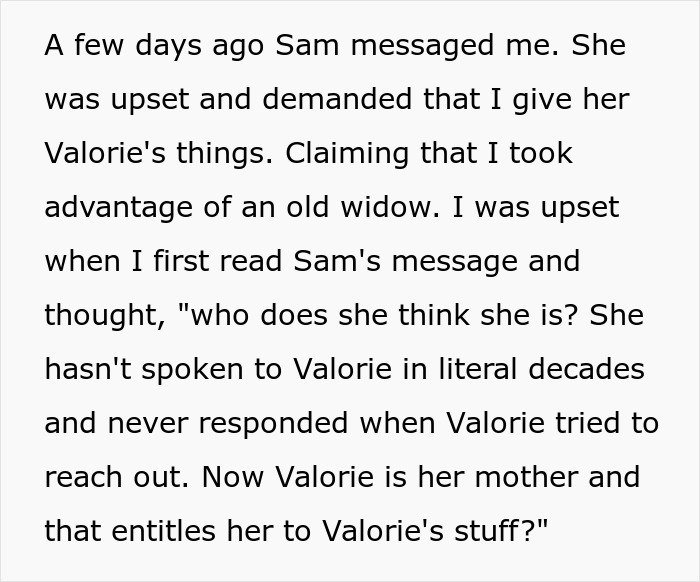 Text discussing inheritance issues with a friend's daughter demanding belongings. Text discussing inheritance issues with a friend's daughter demanding belongings.
