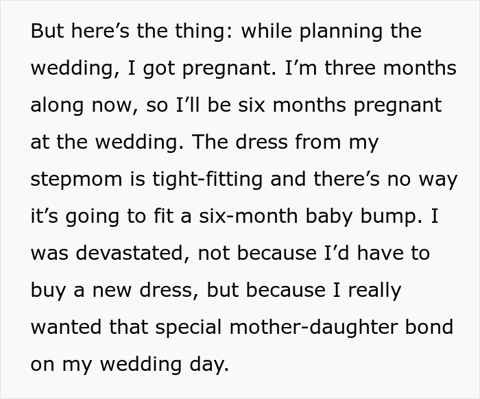 Pregnant bride reflects on challenges of wearing a tight-fitting MIL's wedding dress at six months pregnant. Pregnant bride reflects on challenges of wearing a tight-fitting MIL's wedding dress at six months pregnant.