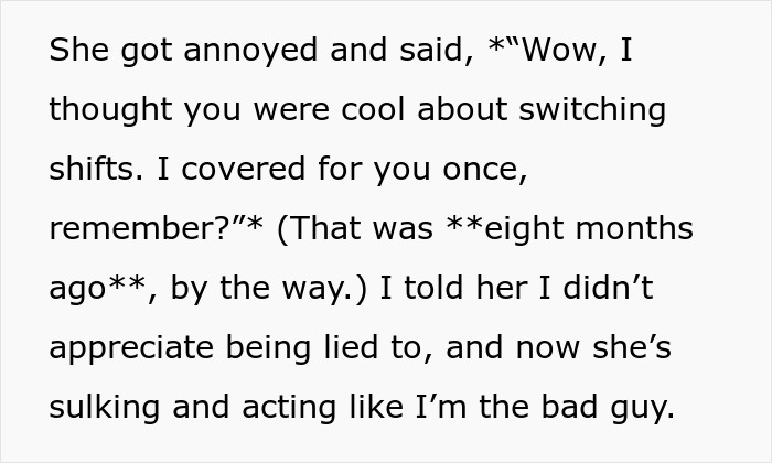 Text message exchange about coworker shift cover disagreement at a restaurant. Text message exchange about coworker shift cover disagreement at a restaurant.