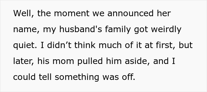 Text about a family reacting to a woman's choice of baby name, suggesting disapproval or concern. Text about a family reacting to a woman's choice of baby name, suggesting disapproval or concern.