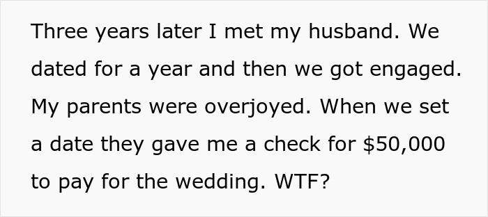 Text discussing accepting money from parents for a wedding, then eloping. Text discussing accepting money from parents for a wedding, then eloping.