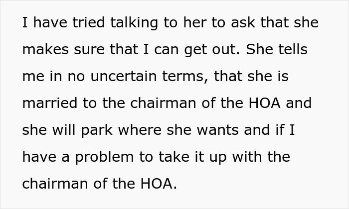Text screenshot discussing HOA chair's wife parking issues and neighbor confrontation. Text screenshot discussing HOA chair's wife parking issues and neighbor confrontation.